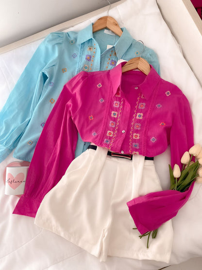 Blusa Camisa Bordada Linho Flores Coloridas