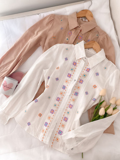 Blusa Camisa Bordada Linho Flores Coloridas