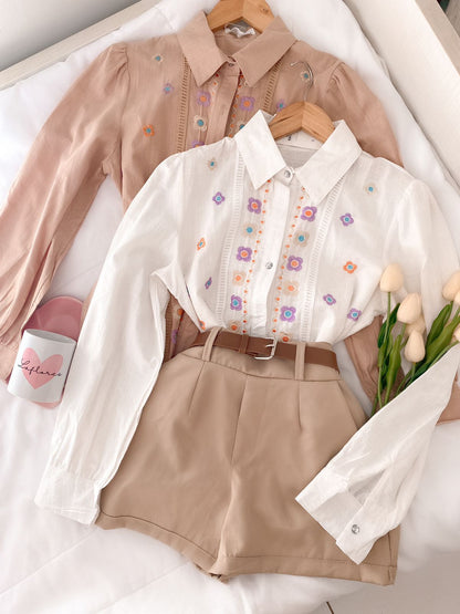 Blusa Camisa Bordada Linho Flores Coloridas