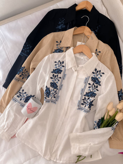 Blusa Camisa Linho com Bordado Azul