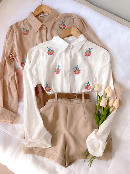 Blusa Camisa Linho Flor Bordada